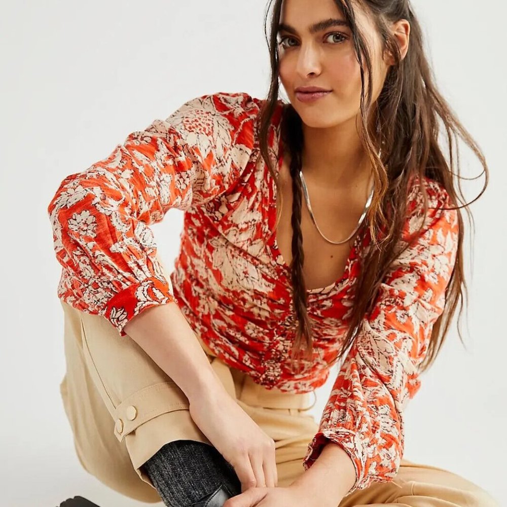 Free People Say The Word Floral Print V-Neck Long‎ Blouson Sleeve Ruched Top XS
